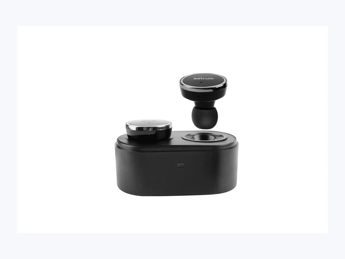 Black Astrum ET300 true wireless earbuds with their charging case on a white background