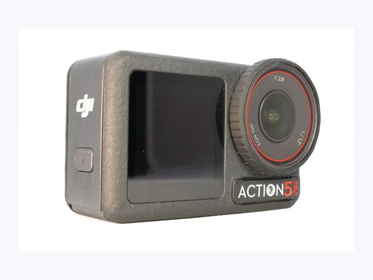 Black DJI Osmo Action 5 Pro action camera on a white background, showing the front display screen, wide-angle lens, and ACTION 5 PRO badge.
